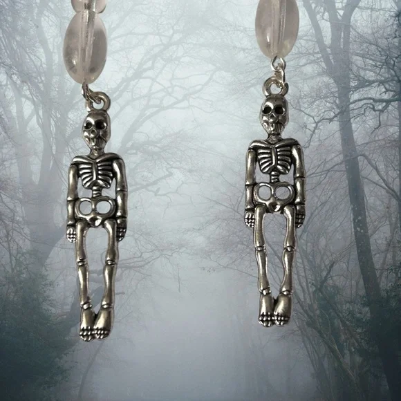 Hand Crafted Skeleton Earrings Glow Beads Long Duster Halloween Pierced - Picture 3 of 6